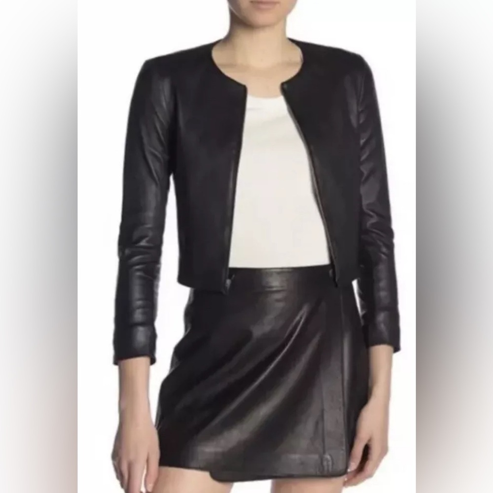 Theory Morene Black Cropped Lamb Leather Zip Moto Jacket Boho Sz P $1195 New